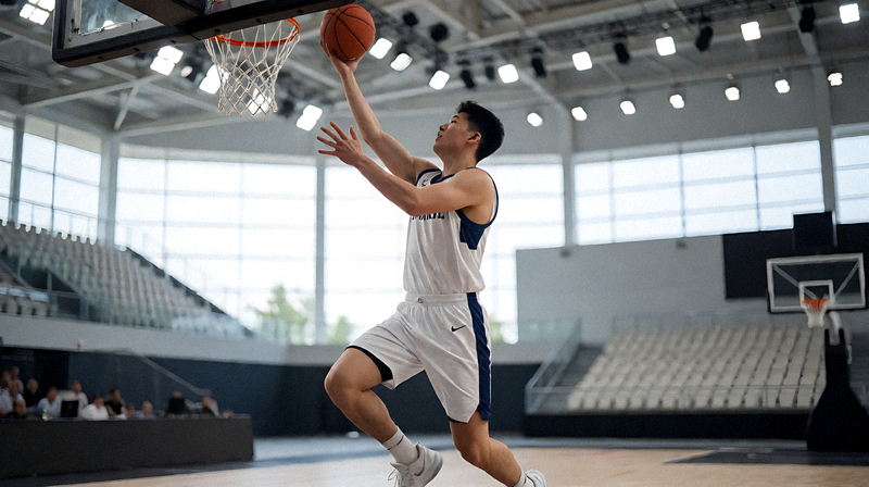 NBA篮球比赛现场，球员在篮下完成上篮动作，场馆内灯光聚焦球场